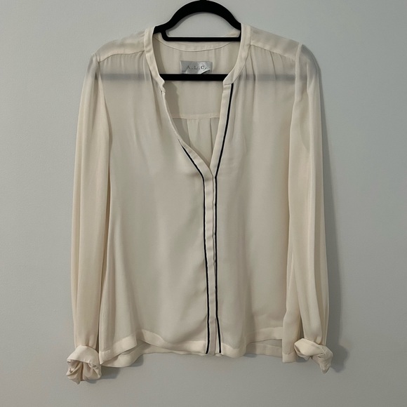 A.L.C. Sheer White Blouse w Black Piping - Picture 1 of 3